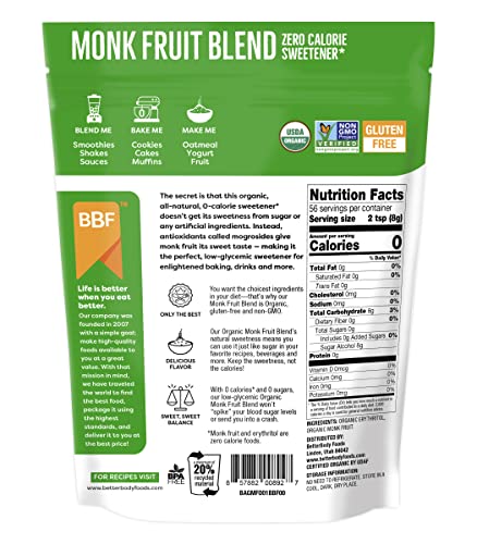 BetterBody Foods Organic Monk Fruit Sweetener Blend, Raw Cane Sugar Substitute, Zero Calorie, Keto Diet Friendly, Zero Net Carbs, Zero Glycemic, Baking, Extract, Sugar Replacement, 1lb, 16oz - Image 2