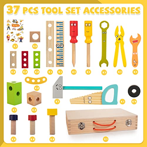 Bravmate Kids Tool Set, Pretend Play Toddler Wooden Tool Toys with Tool Box, Educational DIY STEM Toys for Boys and Girls Age 3, 4, 5 and Up (37 Pieces) - Image 4