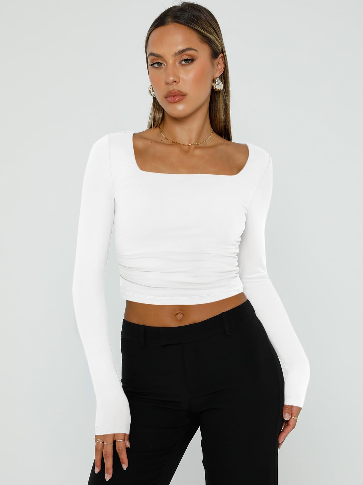 Trendy Queen Womens Long Sleeve Shirts 2024 Basic Crop Tops Fashion Slims Fitted Y2k Workout Clothes Square Neck Going Out Spring Outfits White - Image 6