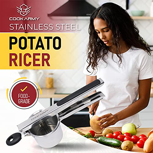 Cook Army Potato Ricer Stainless Steel Professional – 15 Oz Ricer Kitchen Tool With 3 Interchangeable Discs & Non Slip Handle – Mashed Potatoes Ricer & 3 in 1 Veggie Potato Peeler Knife Gadget - Image 2