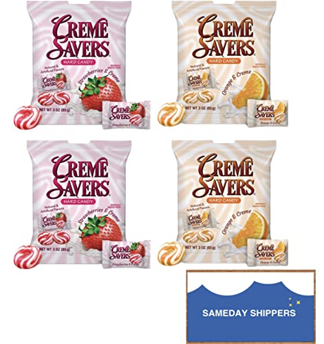 CREME SAVERS | Classic Original Individally Wrapped, Strawberries and Creme and Orange and Creme Hard Candy | 4 - PACK Variety & Sameday Shippers Card| - Image 2